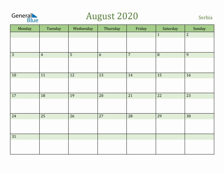 August 2020 Calendar with Serbia Holidays