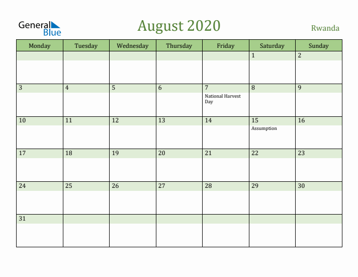 August 2020 Calendar with Rwanda Holidays