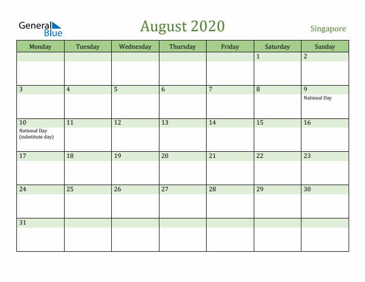 August 2020 Calendar with Singapore Holidays