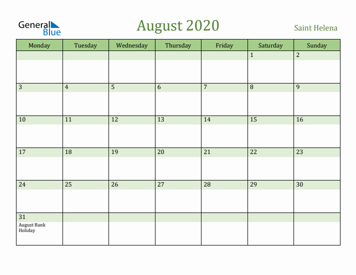 August 2020 Calendar with Saint Helena Holidays