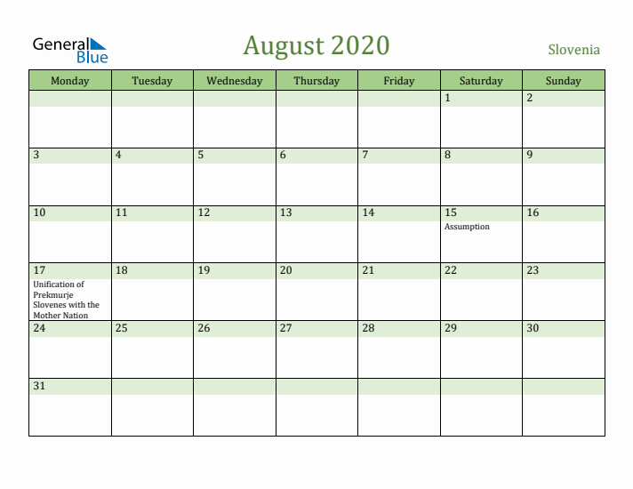 August 2020 Calendar with Slovenia Holidays