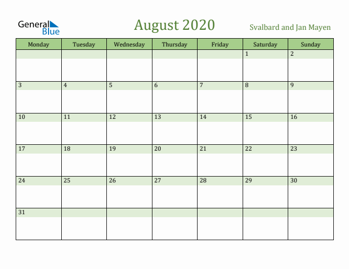 August 2020 Calendar with Svalbard and Jan Mayen Holidays