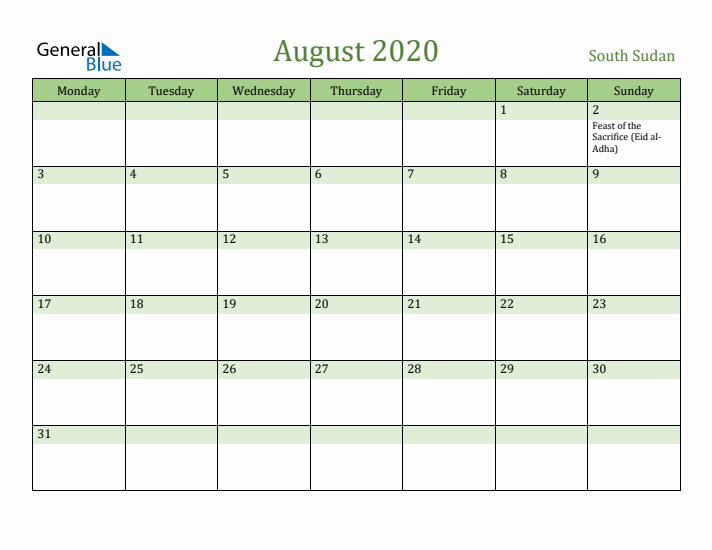 August 2020 Calendar with South Sudan Holidays