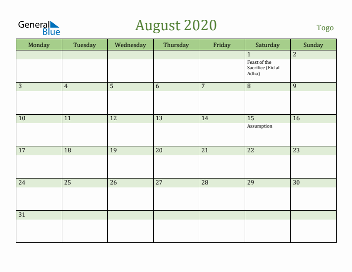 August 2020 Calendar with Togo Holidays