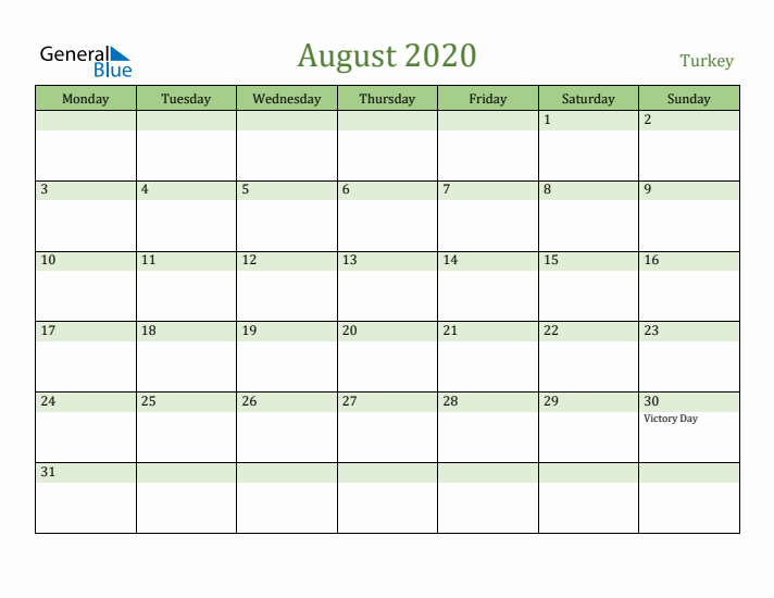 August 2020 Calendar with Turkey Holidays