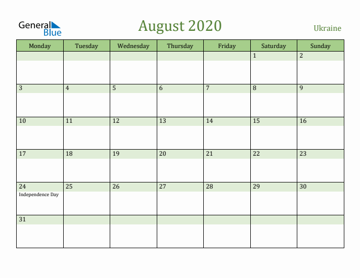 August 2020 Calendar with Ukraine Holidays
