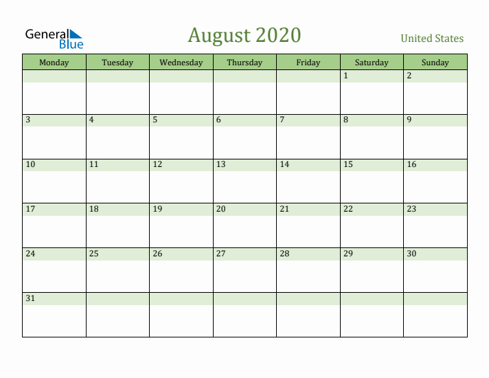 August 2020 Calendar with United States Holidays
