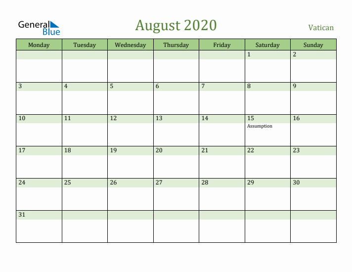 August 2020 Calendar with Vatican Holidays