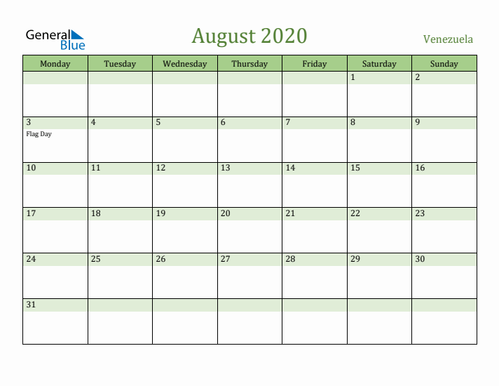 August 2020 Calendar with Venezuela Holidays