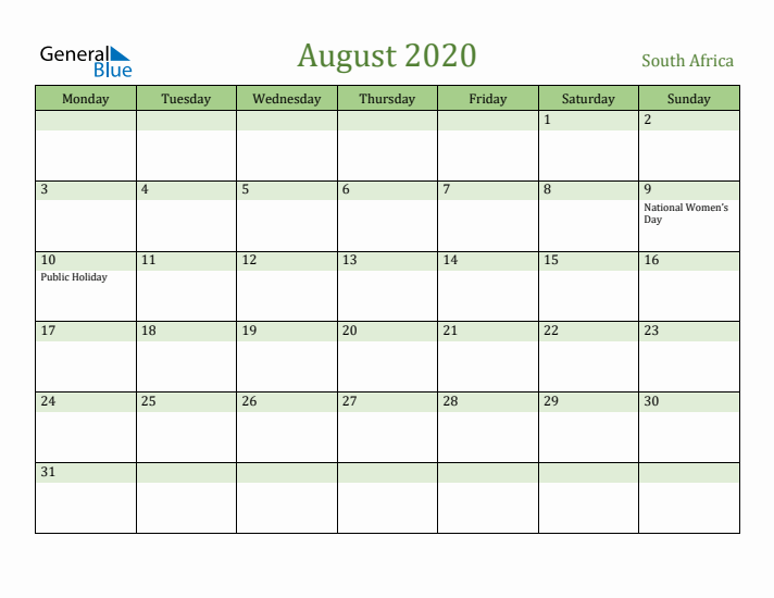 August 2020 Calendar with South Africa Holidays
