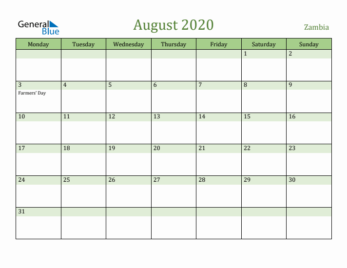 August 2020 Calendar with Zambia Holidays