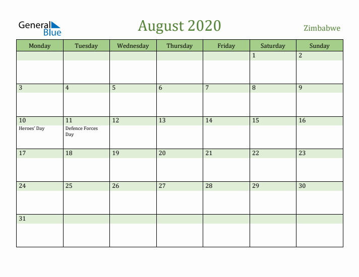 August 2020 Calendar with Zimbabwe Holidays