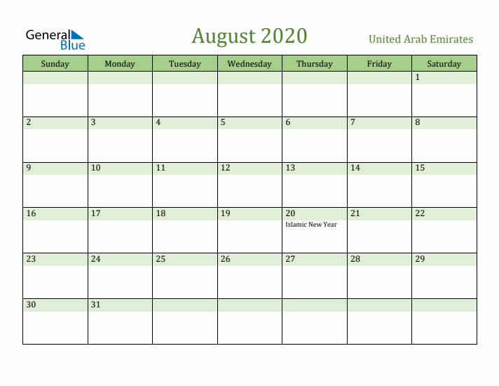 August 2020 Calendar with United Arab Emirates Holidays