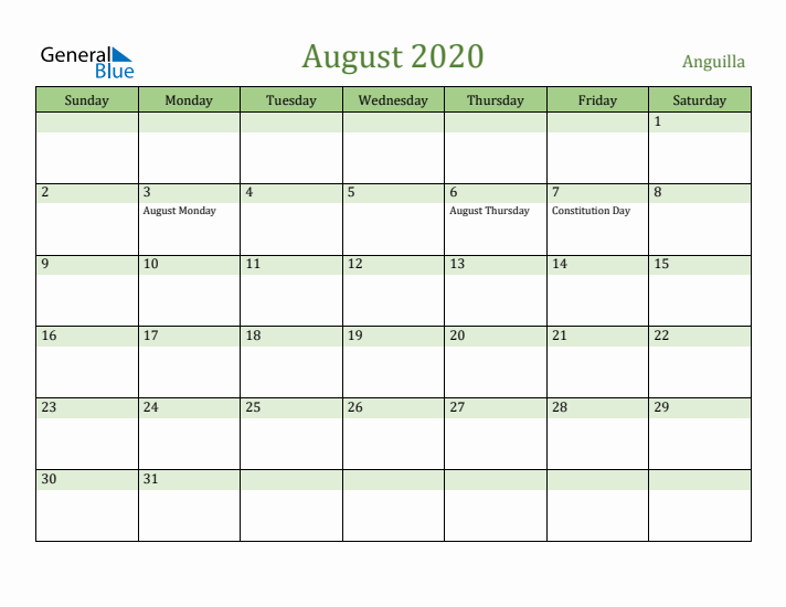 August 2020 Calendar with Anguilla Holidays