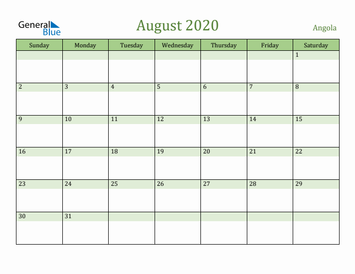 August 2020 Calendar with Angola Holidays