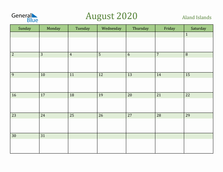August 2020 Calendar with Aland Islands Holidays