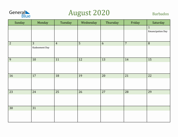 August 2020 Calendar with Barbados Holidays