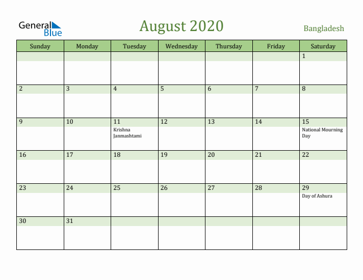 August 2020 Calendar with Bangladesh Holidays