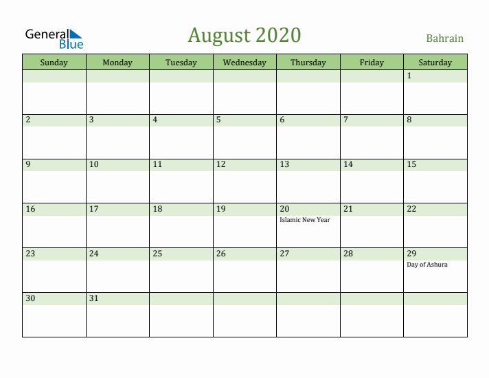 August 2020 Calendar with Bahrain Holidays