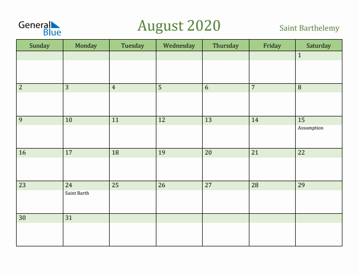 August 2020 Calendar with Saint Barthelemy Holidays