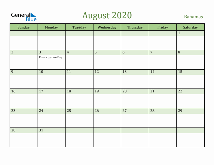 August 2020 Calendar with Bahamas Holidays