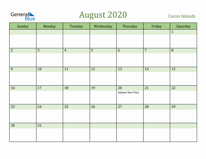 August 2020 Calendar with Cocos Islands Holidays