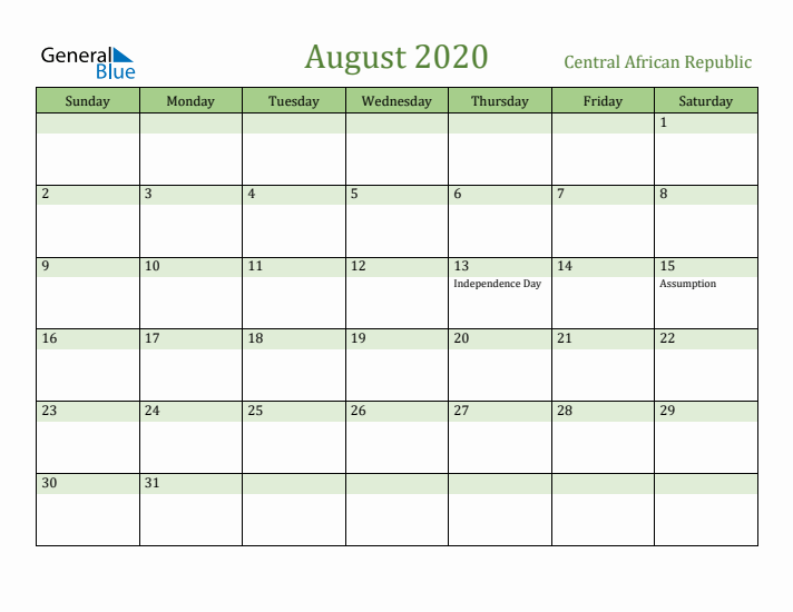 August 2020 Calendar with Central African Republic Holidays