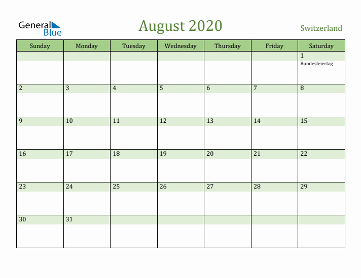 August 2020 Calendar with Switzerland Holidays