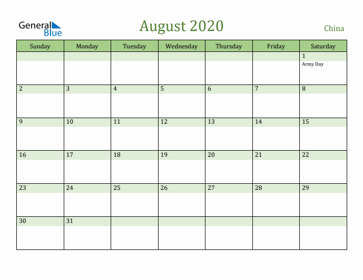 August 2020 Calendar with China Holidays