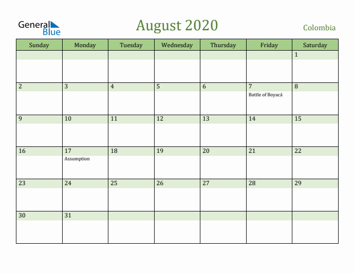 August 2020 Calendar with Colombia Holidays