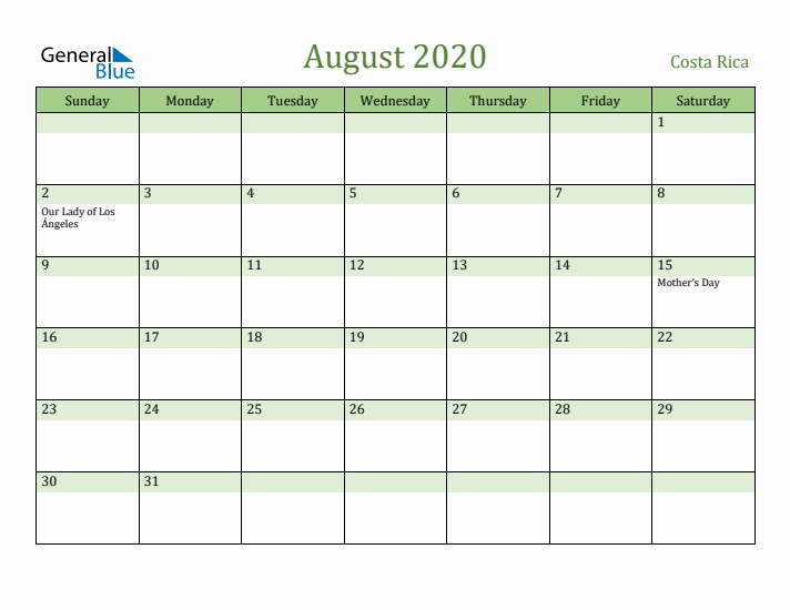 August 2020 Calendar with Costa Rica Holidays