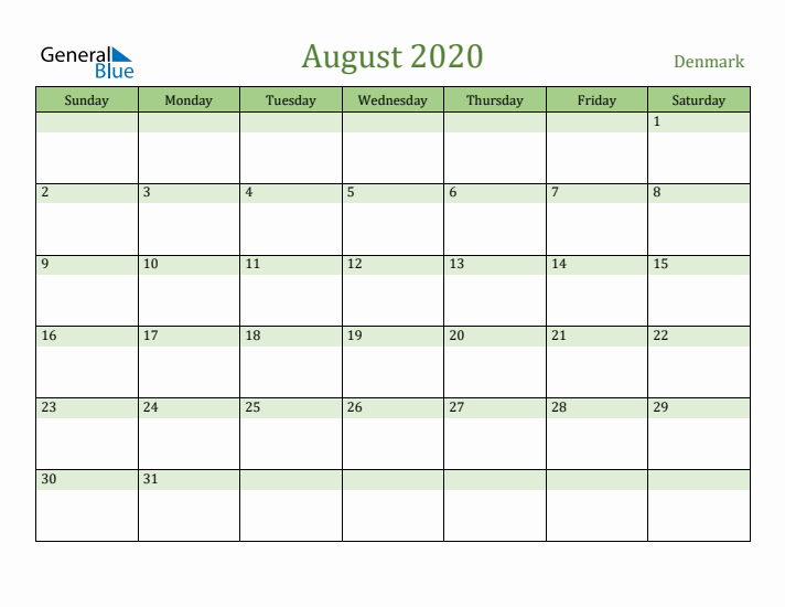 August 2020 Calendar with Denmark Holidays