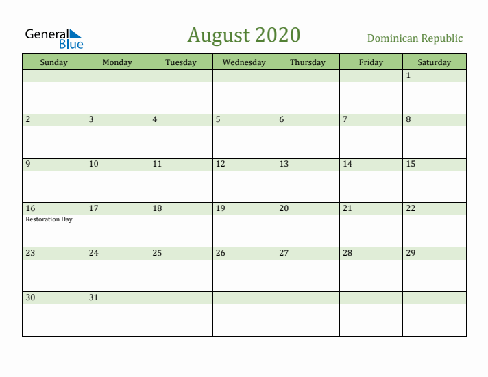 August 2020 Calendar with Dominican Republic Holidays