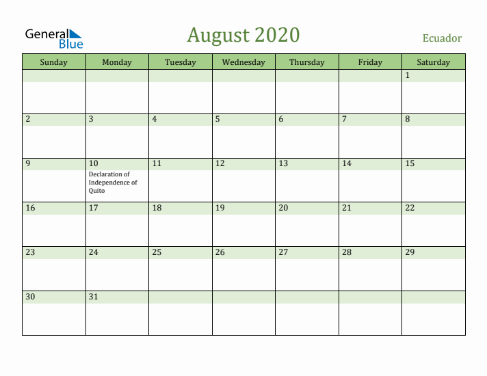 August 2020 Calendar with Ecuador Holidays