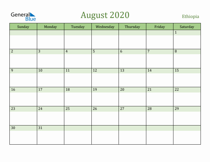 August 2020 Calendar with Ethiopia Holidays
