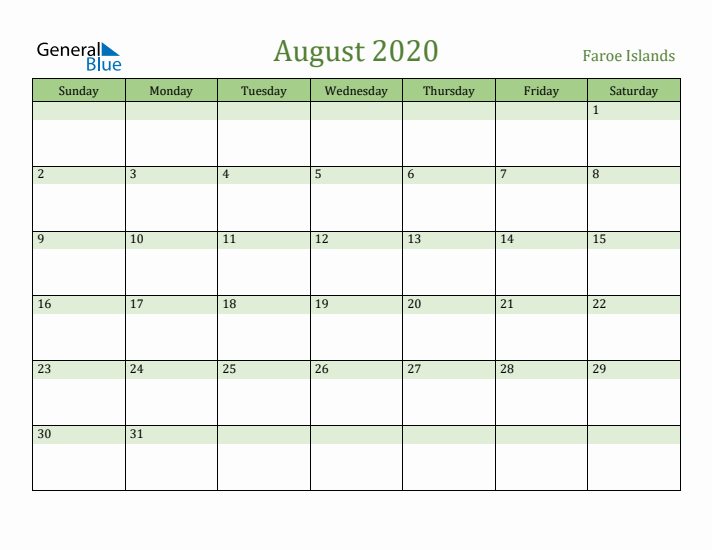 August 2020 Calendar with Faroe Islands Holidays