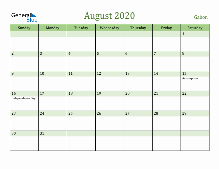 August 2020 Calendar with Gabon Holidays