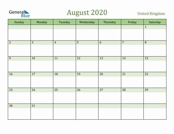 August 2020 Calendar with United Kingdom Holidays