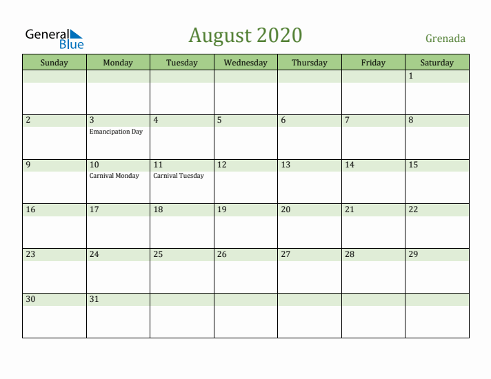 August 2020 Calendar with Grenada Holidays
