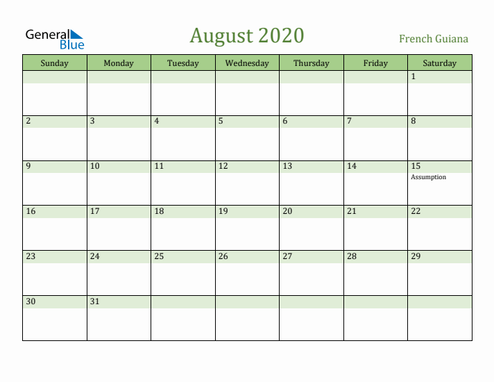 August 2020 Calendar with French Guiana Holidays