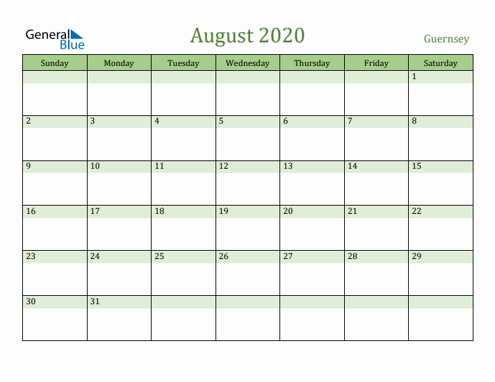 August 2020 Calendar with Guernsey Holidays