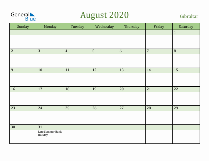 August 2020 Calendar with Gibraltar Holidays