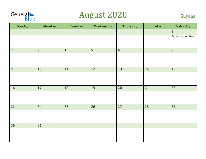 August 2020 Calendar with Guyana Holidays