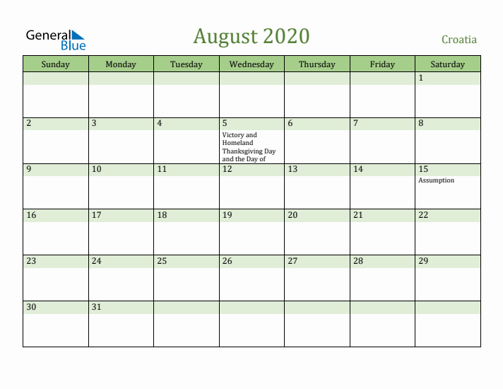 August 2020 Calendar with Croatia Holidays