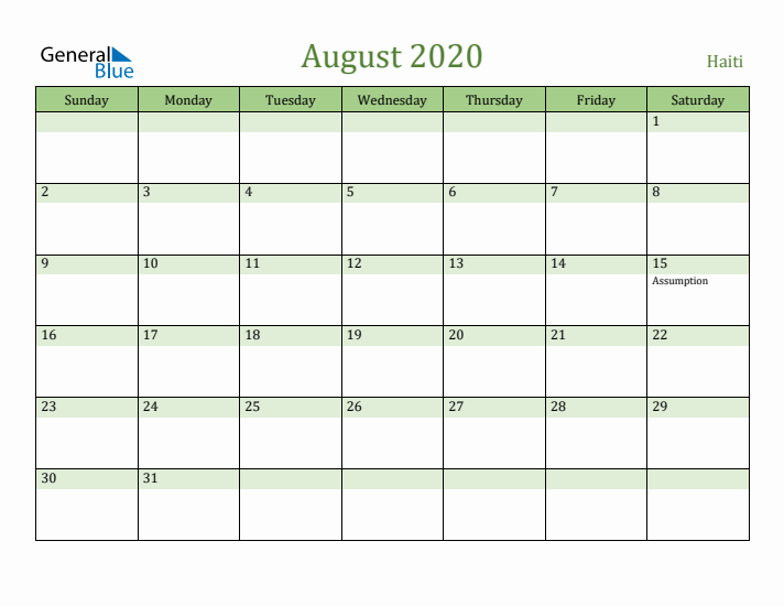 August 2020 Calendar with Haiti Holidays