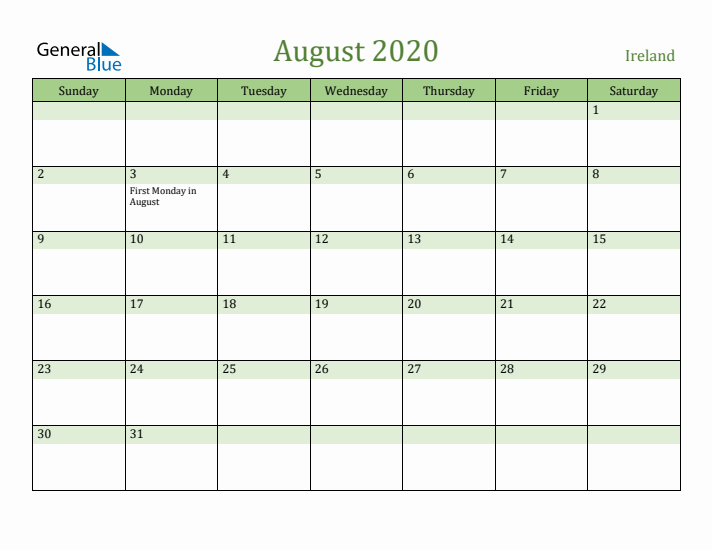 August 2020 Calendar with Ireland Holidays