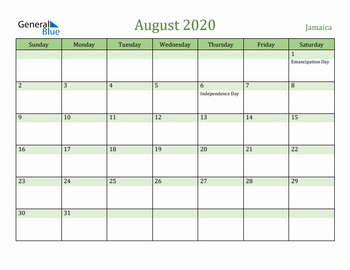 August 2020 Calendar with Jamaica Holidays