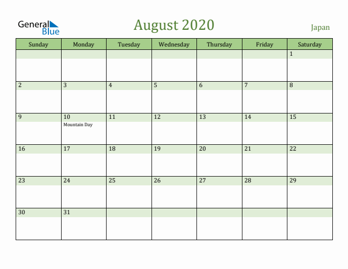 August 2020 Calendar with Japan Holidays