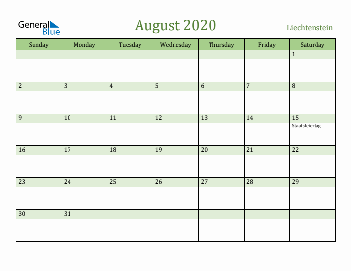 August 2020 Calendar with Liechtenstein Holidays