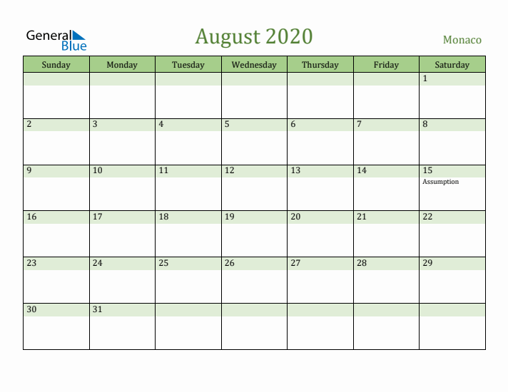 August 2020 Calendar with Monaco Holidays